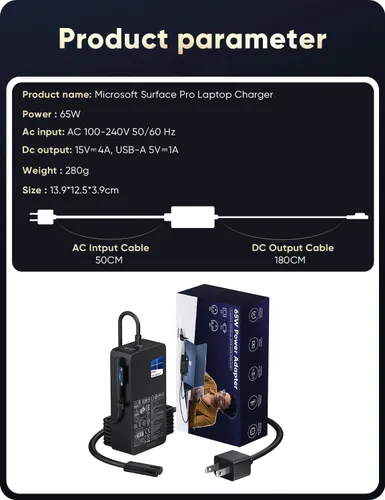 Miniatura 7 de Cargador Surface Pro de 65 W, cargador Microsoft Surface para Surface Pro 11/10/9/8/7+/7/6/5/4/3, Surface Laptop 7/6/5/4/3/2/1, Surface Book 3/2/1
