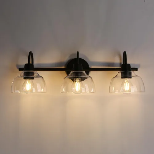 Miniatura 9 de KSANA Lámpara de baño negra, lámpara de tocador de 3 luces con pantalla de cristal transparente de gran apertura, moderna lámpara de pared de granja