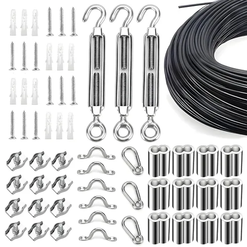 Miniatura 7 de Kit de suspensión de luces de cuerda de globo, cable guía de luz para exteriores, cable de acero inoxidable recubierto de vinilo, incluye 50 pies