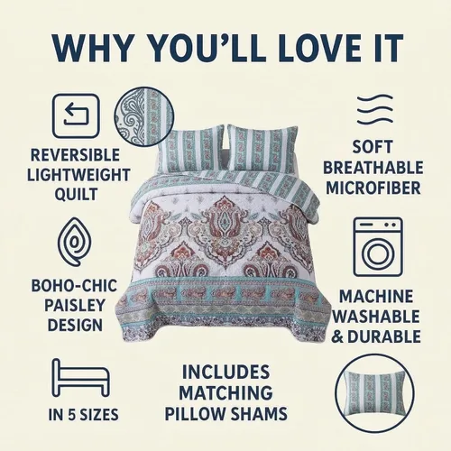 Miniatura 2 de DaDa Bedding - Juego de colcha bohemia con estampado floral para el verano, diseño de cachemira de playa, brillante, vibrante, colorido, reversible