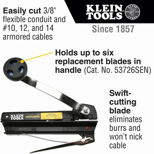 Miniatura 3 de Klein Tools 53725 Cortador de cables blindado y BX, corta cable blindado de hasta 3/8 pulgadas-BX-AC-MC-MCAP-Greenfield, con almacenamiento