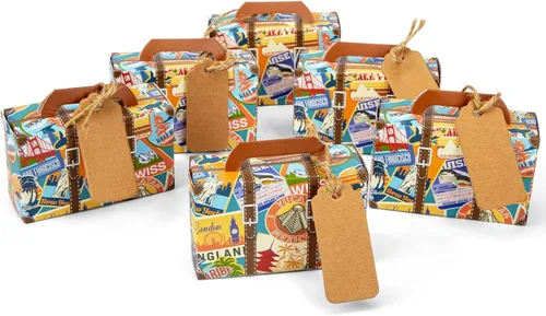 VGOODALL 50 Cajas de Dulces para Recuerdos de Fiesta, Mini Cajas de Recuerdos en Forma de Maleta de 3x1.2x2 Pulgadas con Etiquetas para Decoración