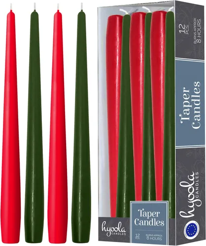 Hyoola Velas de Navidad, velas cónicas verdes y rojas de 10 pulgadas, sin goteo, paquete de 12 velas navideñas sin perfume, hechas en Europa