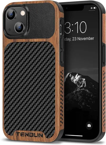 Miniatura 13 de TENDLIN Funda Magnética Compatible con iPhone 14 Plus Funda de Madera con Textura de Fibra de Carbono Diseño Híbrido de Cuero Cubierta Delgada Negro