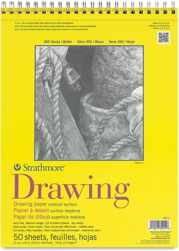 Strathmore Bloc de papel de dibujo serie 300, encuadernado con alambre superior, 11 x 14 pulgadas, 50 hojas (70 libras/4.02 oz), papel de artista