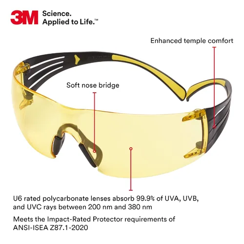 Miniatura 3 de 3M - Lentes de seguridad SecureFit, paquete de 20, ANSI Z87, antiarañazos y antivaho Scotchgard, lente ámbar, marco amarillo/negro, varillas