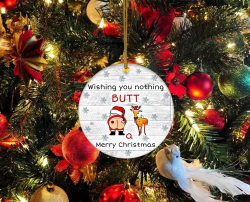 Miniatura 3 de Adorno de cerámica divertido - Papá Noel travieso y ciervo "Deseo que no te traiga nada más que una feliz Navidad" - Adornos para el hogar, adorno
