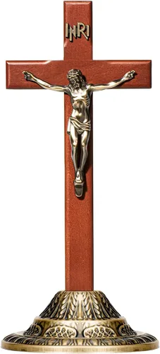 ACHIBANG Crucifijo de pared de 12 pulgadas con soporte, cruz de Jesús católica de pie y colgante de madera con INRI para el hogar o la sala de