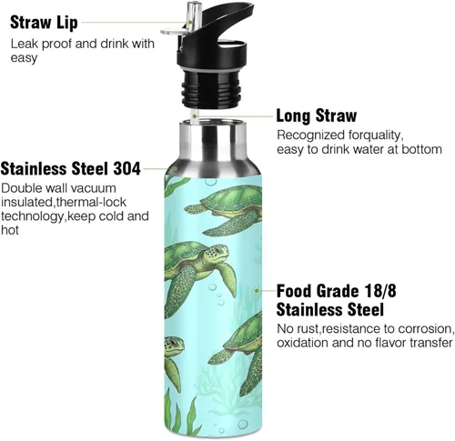 Miniatura 3 de Insulated Stainless Steel Water Bottle with Straw 20 Oz, Leakproof Water Bottles for Gym Outdoor Travel School, Green Sea Turtles