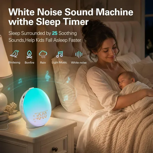 Miniatura 5 de Reloj Despertador de Luz de Amanecer para Dormitorio, 17 Luces Nocturnas, Máquina de Sonido con Altavoz Bluetooth de 5W, 25 Sonidos Relajantes