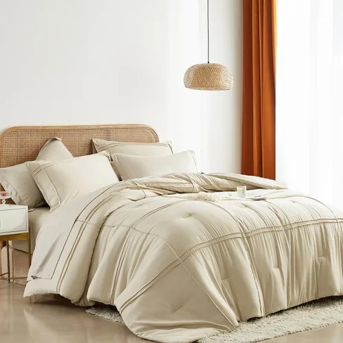 Yogeneg Juego de edredón tamaño Twin de 5 piezas en una bolsa, juego de ropa de cama Twin con diseño de cuadrícula y pliegues beige, juego de