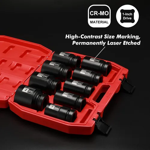 Miniatura 5 de CASOMAN Juego de dados de impacto para tuerca de eje del husillo de 1 pulgada de transmisión, profundo, de 1" a 2", juego de dados grandes