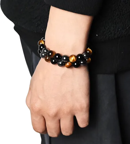 Miniatura 16 de Triple Protection Bracelet Natural Black Obsidian Tigers Eye Hematite Beads Crystal Bracelet Healing Bracelets for Men Women Bring Prosperity Luck