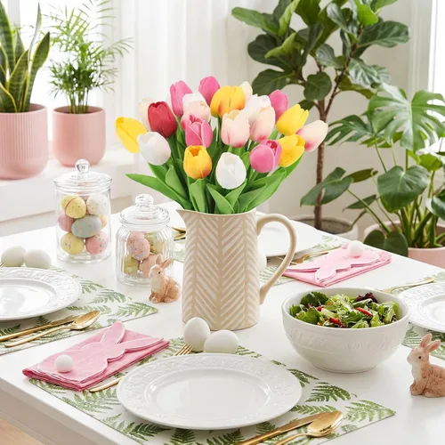 Miniatura 5 de IPOPU 24 tulipanes artificiales de tacto real para decoración, tulipanes falsos, arreglos florales, tulipanes artificiales sintéticos, decoración