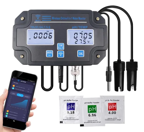 Probador inteligente de calidad del agua 6 en 1 pH/EC/TDS/Salinidad/S.G y medidor de temperatura con monitor continuo Wi-Fi Medidor de agua de pH
