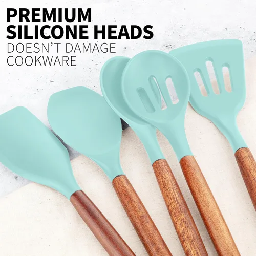 Miniatura 9 de Zulay Kitchen Juego de utensilios de cocina antiadherentes con auténticas asas de madera de acacia, juego de utensilios de cocina de silicona Sky
