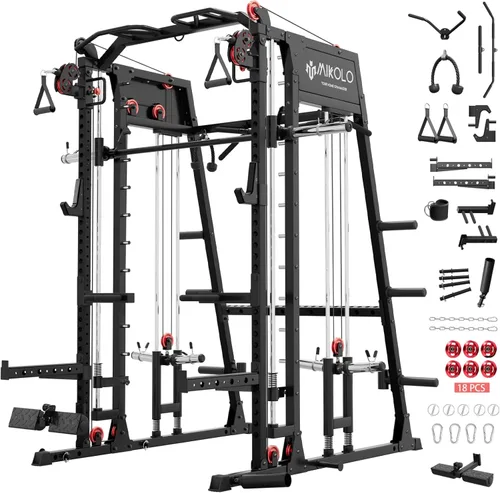 Miniatura 19 de Máquina de Smith Mikolo, banco de sentadillas de 2200lbs con sistema de tracción LAT y máquina de cruce de cables, equipo de entrenamiento con Rojo