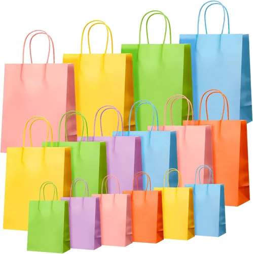 Qilery Paquete de 16 bolsas de regalo arcoíris con asas, varios tamaños, bolsas de papel multicolor con papel de seda para cumpleaños, baby showers,