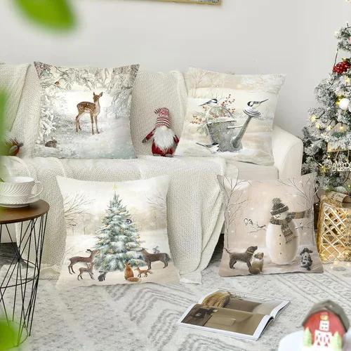 Miniatura 2 de Funda de Almohada Decorativa de Animales Navideños - 18 x 18 Pulgadas Funda de Almohada de Mascota Muñeco de Nieve Jarrón Ciervo Perro Conejo Pájaro