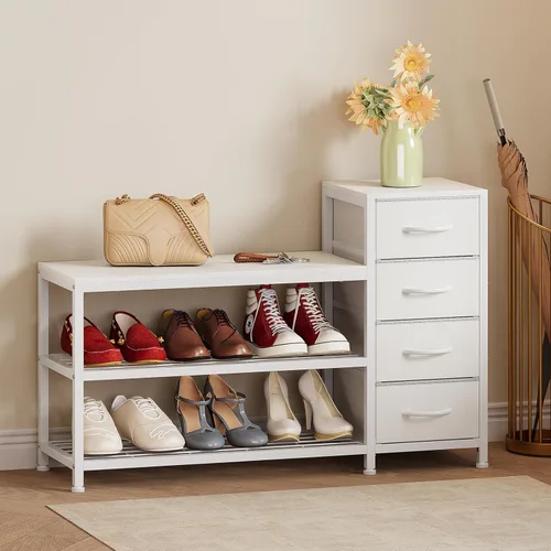 Miniatura 9 de EXOTICA Banco de entrada de 3 niveles con almacenamiento para zapatos, banco con 4 cajones de tela, marco metálico y tablero de madera, zapatero
