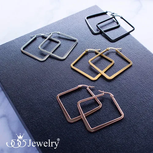 Miniatura 5 de 555Jewelry - Pendientes de aro cuadrado de acero inoxidable para mujer