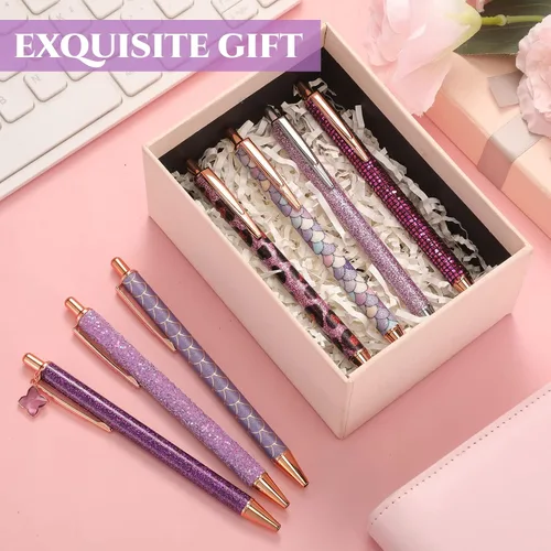 Miniatura 5 de Sherr 7 bolígrafos elegantes para mujer, lindos bolígrafos de purpurina brillantes con 10 recambios de tinta negra, bonitos regalos para niñas
