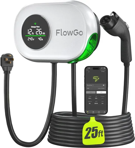 Cargador eléctrico de nivel 2 de 40 A, cargador eléctrico inteligente para el hogar, pantalla activada por movimiento, 240 V con enchufe NEMA 14-50,