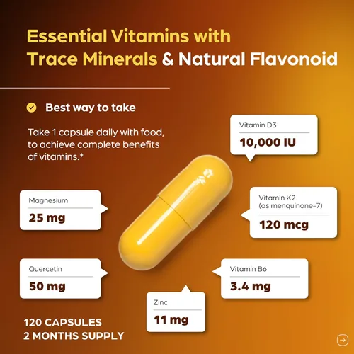 Miniatura 3 de Sandhu's Vitamina D3 K2 Magnesio 10000 IU, 120mcg K2 Cápsulas 60 unidades (paquete de 1) con VIT B6, zinc y quercetina D3K2 apoya la absorción