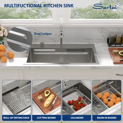 Miniatura 7 de Sarlai - Fregadero de cocina de cascada de 31 pulgadas, de montaje superior - 31x20 Fregadero de cocina con borde y estación de trabajo, de acero