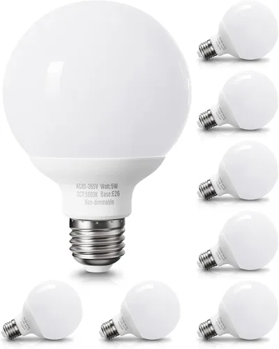 Miniatura 8 de Paquete de 8 bombillas LED de color blanco cálido para baño, equivalente a 120 V 60 vatios, base media E26, bombillas redondas de tocador, bombillas