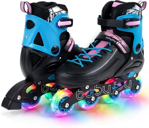 Miniatura 15 de BABY JOY Patines en línea, 4 tamaños ajustables para niños con ruedas iluminadas para niños de 5 a 14 años, divertidos patines iluminadores