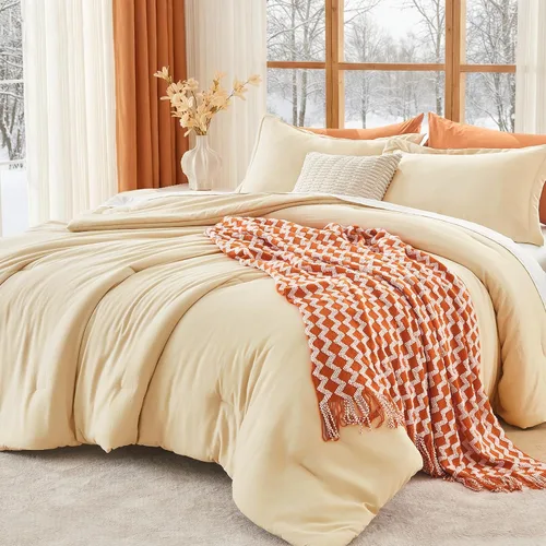Miniatura 33 de MUXHOMO Juego de edredón beige tamaño individual/individual XL, ropa de cama alternativa ultrasuave para todas las estaciones. El juego de cama