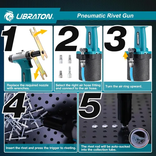 Miniatura 3 de LIBRATON Kit de pistola de remache neumática, herramienta remachadora de aire resistente de 3/32 pulgadas, 1/8 pulgadas, 5/32 pulgadas, 3/16