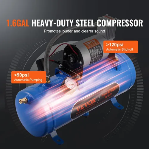 Miniatura 3 de VEVOR Kit de 4 Bocinas de Aire de Trompeta, 150dB Bocinas de Tren para Camionetas Pickup, Compresor de Aire de 12V 120 psi Tanque de 1.6 Gal/6 L