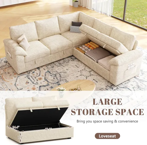 Miniatura 6 de Sofá Seccional Modular de 85 Pulgadas con Cama Extraíble, Sofá Cama Seccional en Forma de L de 5 Asientos con Almacenamiento, Sofás Seccionales