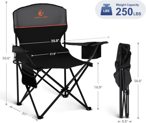 Miniatura 3 de LET'S CAMP Silla de camping 2 unidades de sillas plegables con bolsa enfriadora de 4 latas, silla de césped portátil con soporte para tazas, Negro