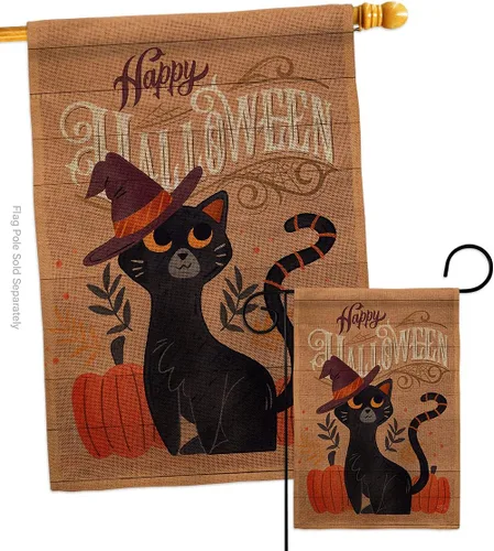 Breeze Decor Juego de bandera de arpillera de gato brujo, decoración de calabaza, decoración de calabaza para otoño, Halloween, Halloween, bruja o