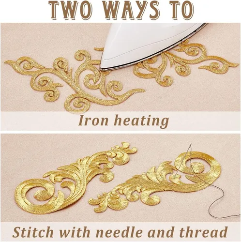 Miniatura 4 de AHANDMAKER 8 pares de apliques de bordado de flores de hoja, estilo étnico dorado, para coser con hierro en la corona de hojas, apliques bordados