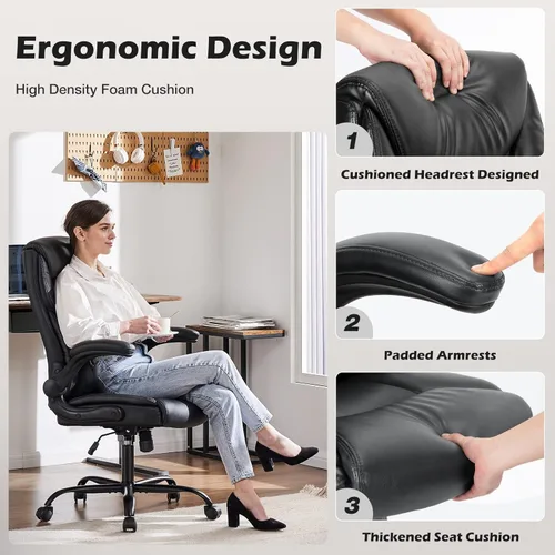 Miniatura 3 de DUMOS Juego de 2 sillas de oficina ergonómicas ejecutivas para computadora con reposabrazos abatibles ajustables, silla giratoria con soporte Negro