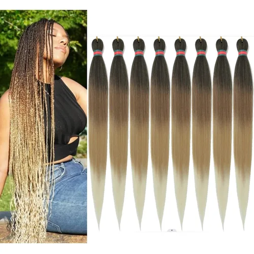 Miniatura 42 de Extensiones de cabello para trenzar verde+verde claro, preestiradas, 2 paquetes, con cabello plumoso pre-trenzado, extensiones de cabello