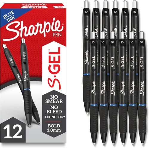 Sharpie Bolígrafos de gel S-Gel, barril negro, punta gruesa (0.039 pulgadas), tinta azul, 12 unidades – hogar, oficina, escuela, diario, escritura,