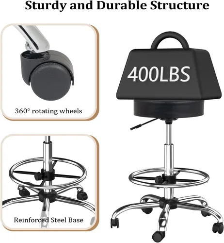 Miniatura 5 de OmySalon Silla de dibujo, silla ergonómica de escritorio de oficina con soporte para espalda, taburete alto ajustable con reposapiés y cojín de Negro