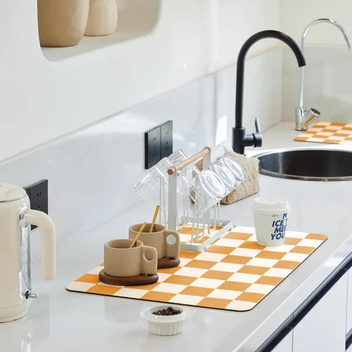 Miniatura 15 de Ohocut Tapete de secado de platos a cuadros para encimera de cocina, accesorios de estación de cafetería, estética, retro, moderna, absorbente