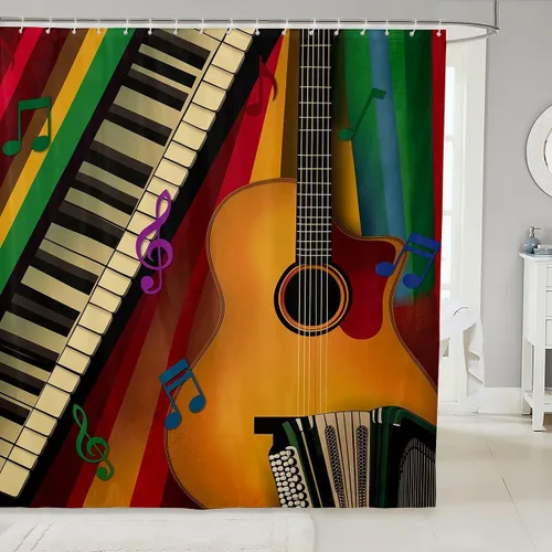 Miniatura 15 de Cortina de ducha de guitarra roja, cortina de baño de música Hip Pop, decoración de baño para niños y niñas, cortina de baño de guitarra de moda