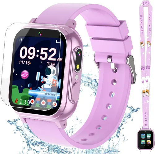 Miniatura 10 de Reloj inteligente impermeable para niños, niñas, juguetes para niñas de 6 a 8 años, reloj para niños con 32 juegos, cámara dual, pantalla táctil HD