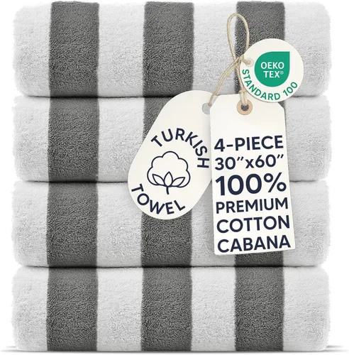 Chakir Turkish Linens Paquete de 4 toallas de playa 100 % algodón de alta calidad con rayas gruesas estilo cabaña turca (gris, 30 x 60 pulgadas)