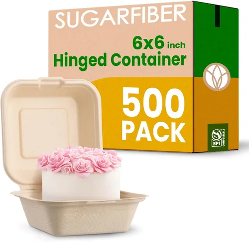 [500 unidades] Fibra de azúcar por Harvest Pack PFAS FREE 6 x 6 pulgadas compostable Clamshell Recipientes de alimentos, contenedor con bisagras