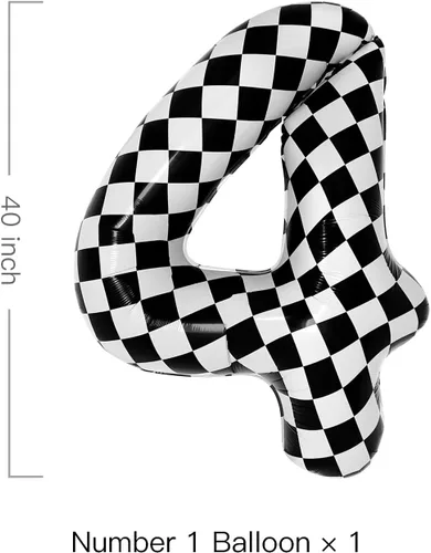Miniatura 2 de Globo grande de 40 pulgadas a cuadros con número 4, globo blanco y negro para auto de carreras, suministros de fiesta de cumpleaños número 4 globo a
