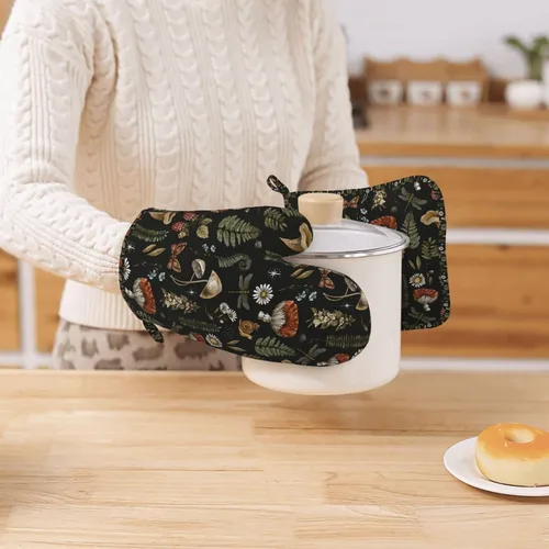 Miniatura 7 de Manoplas de Horno con Diseño de Hongos, Juego de Agarraderas de Silicona Vintage con Hoja Mágica, Guantes de Cocina Agarraderas Resistentes al Calor