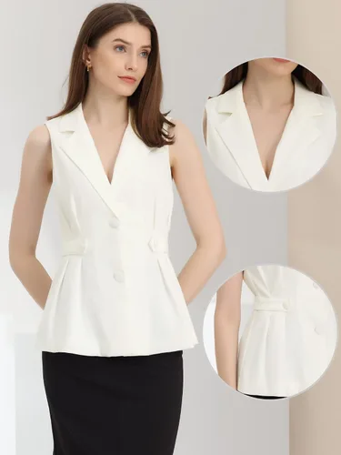 Miniatura 2 de Allegra K Blazer sin mangas para mujer, con cuello de solapa, chaleco de vestir plisado de un solo botonadura